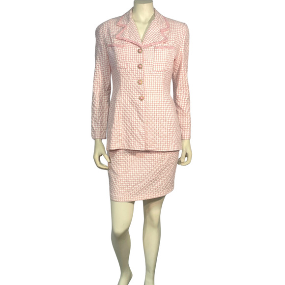 Vtg 90's Moda Int'l Sz 10 2 Pc Suit Blazer & Mini Skirt Pink Houndstooth Tweed - Picture 2 of 13